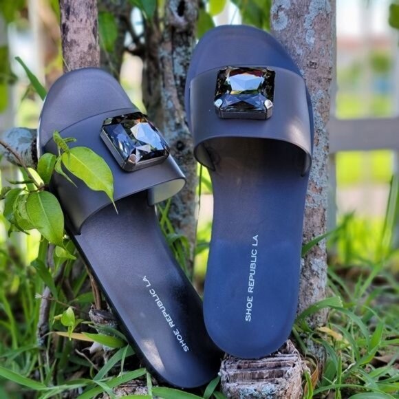 Women's Jelly‎ Rhinestone Slide Flip Flops Flat Sandals - Picture 3 of 4